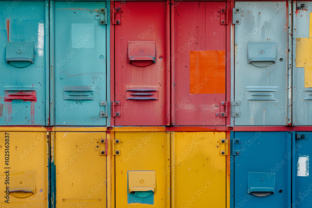 A row of colorful metal lockers with yellow and blue doors A row of colorful metal lockers with yellow and blue doors