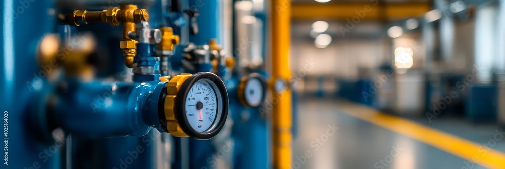 Industrial factory interior featuring close-up of blue piping and gauges, showcasing a modern industrial setting. The image symbolizes manufacturing, engineering, technology, production, and precision Industrial factory interior featuring close-up of blue piping and gauges, showcasing a modern industrial setting. The image symbolizes manufacturing, engineering, technology, production, and precision
