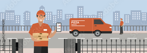 Pizza delivery express. Food delivery services. Courier delivery pizza. Van delivery. Food distribution.