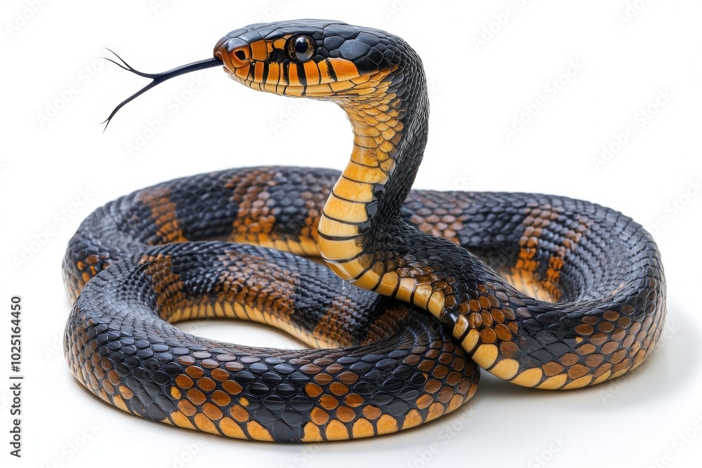 Fototapeta premium A cobra with its hood flared, standing in a defensive posture, isolated on white background 