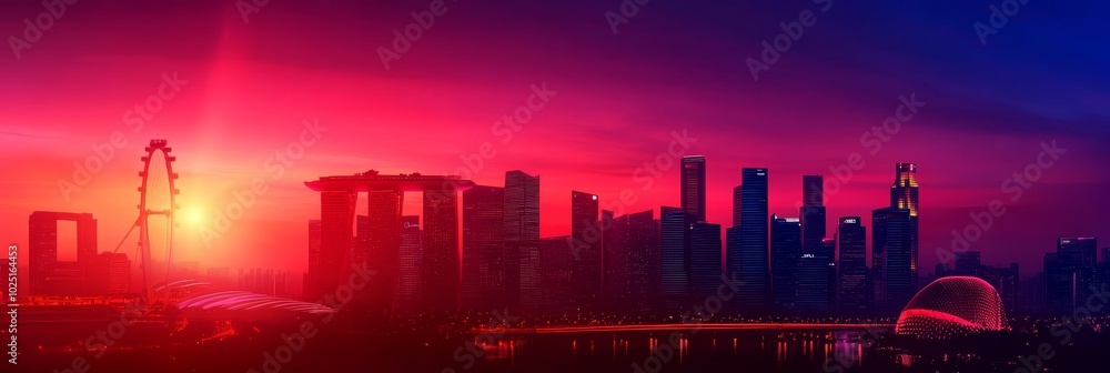 Fototapeta premium Singapore Skyline at Sunset, capturing the city's iconic skyline bathed in the warm glow of a setting sun, featuring the Singapore Flyer, Marina Bay Sands, and other skyscrapers.