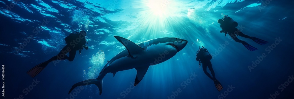 Fototapeta premium Three scuba divers encounter a great white shark in the ocean, showcasing the thrilling and awe-inspiring nature of underwater exploration. The divers remain calm, capturing the moment with their came