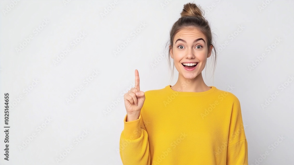 Happy casual woman in her 20s pointing finger aside advertising promo. Smiling female customer presenting online product service promotion sale offer standing isolated on white background. Happy casual woman in her 20s pointing finger aside advertising promo. Smiling female customer presenting online product service promotion sale offer standing isolated on white background.
