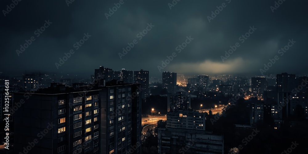 Fototapeta premium A city skyline at night with a cloudy sky. The city is lit up with lights from the buildings and streetlights. Scene is calm and peaceful, with the city lights creating a warm and inviting atmosphere