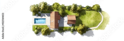 Top view of a modern house with a swimming pool and lush greenery. The design features a spacious yard, a patio, and a pathway for easy access. Ideal for families or those seeking a tranquil oasis. photo