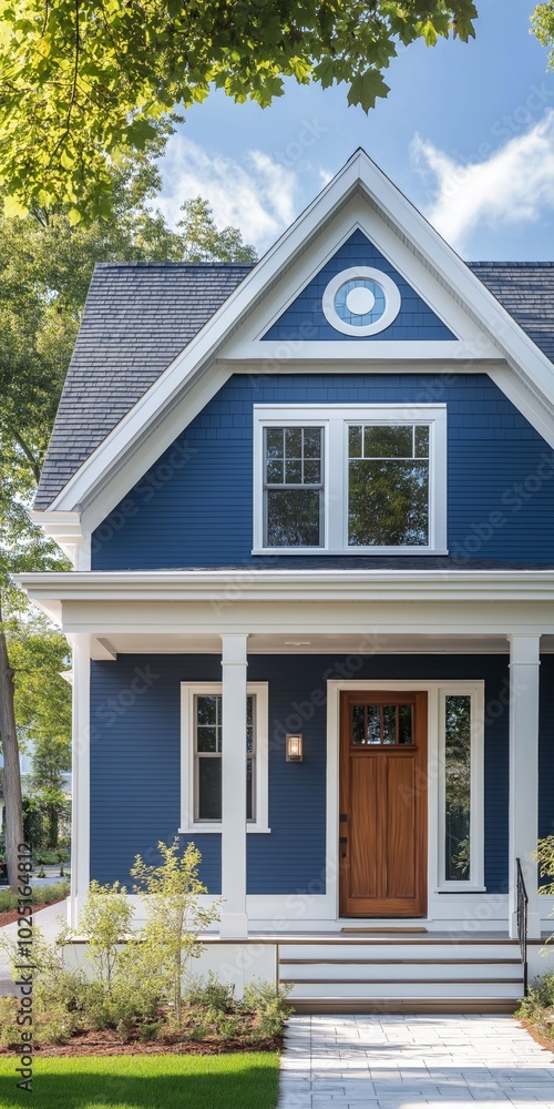 A blue house with a white trim and a brown door. The house has a porch and a walkway leading up to the front door A blue house with a white trim and a brown door. The house has a porch and a walkway leading up to the front door