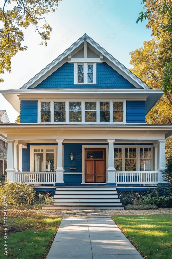A blue house with a white trim and a yellow trim on the front porch. The house has a large front porch with a wooden door A blue house with a white trim and a yellow trim on the front porch. The house has a large front porch with a wooden door