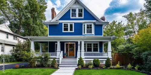 A blue house with a white porch and a white trim. The house is surrounded by a lush green lawn