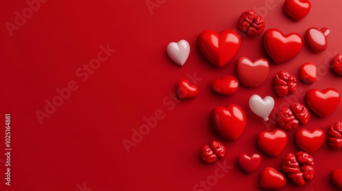 A beautiful collection of shiny red and white hearts symbolizing love, passion, emotion, unity, and romance on a vibrant red background.