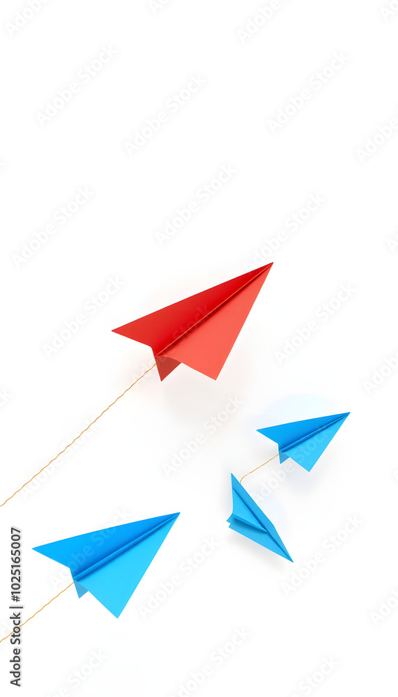 Red paper plane leading blue paper planes on white background, leadership concept. 3D Rendering isolated with white highlights, png Red paper plane leading blue paper planes on white background, leadership concept. 3D Rendering isolated with white highlights, png
