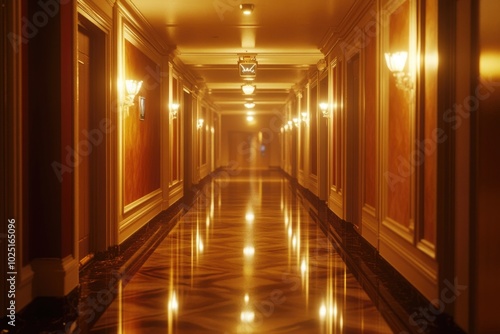 A long hallway with a single light fixture on the wall