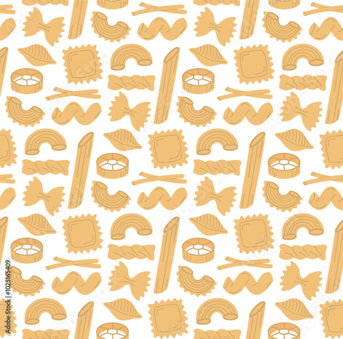 Seamless pattern with different shapes of pasta. Food elements background 