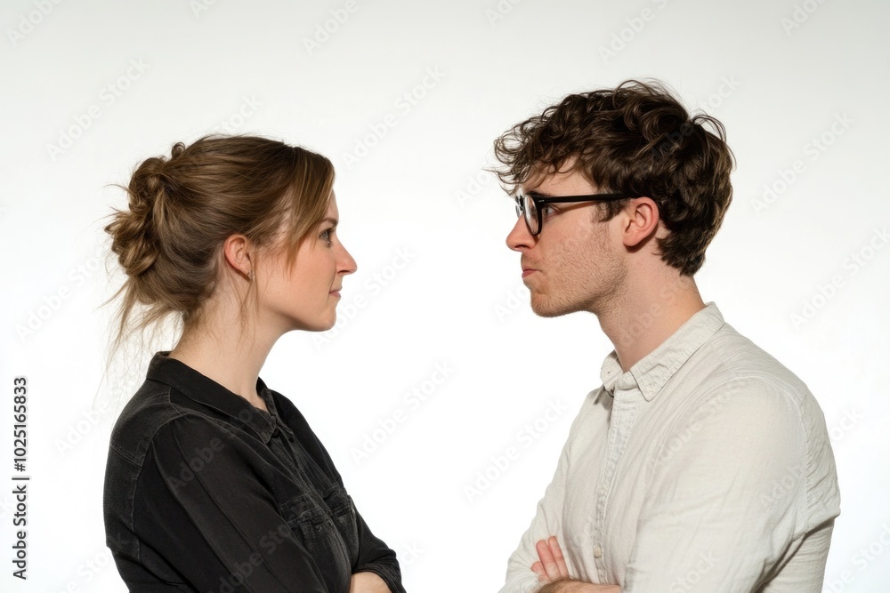 A man and a woman standing side by side in a casual setting A man and a woman standing side by side in a casual setting