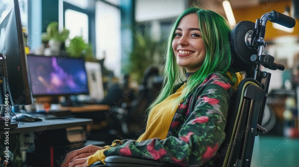 A woman with bright green hair sits at a desk, focused on her computer work A woman with bright green hair sits at a desk, focused on her computer work