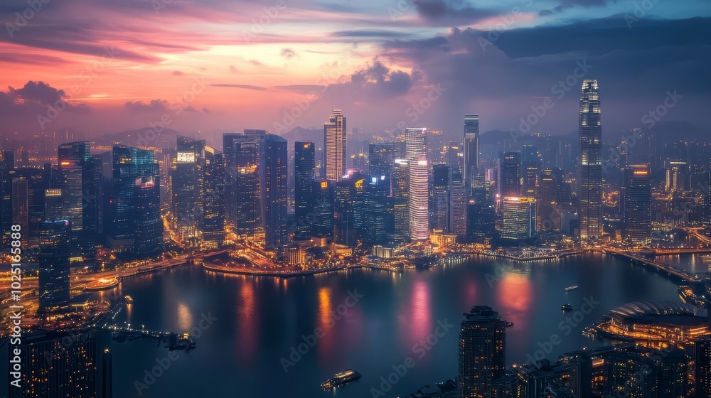 Obraz premium Hong Kong Skyline at Dusk: A breathtaking aerial view of Hong Kong's iconic skyline at dusk, illuminated by the warm glow of city lights reflected in the tranquil harbor waters. The vibrant.