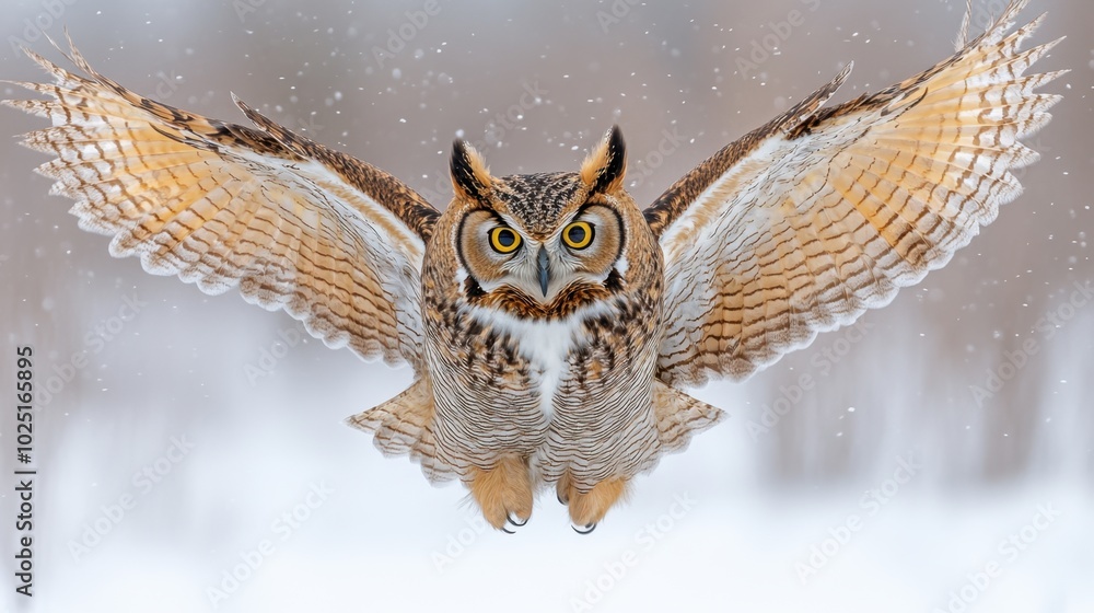 A great horned owl spreading its wings as it prepares to fly, isolated on white background A great horned owl spreading its wings as it prepares to fly, isolated on white background
