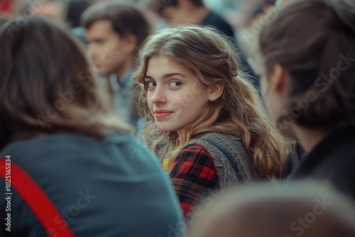 A young woman with long hair standing among others in a group, possibly at an event or gathering