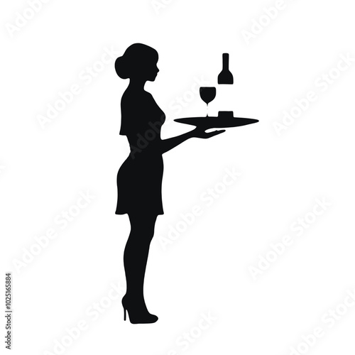 A silhouette of a woman holding a tray with two wine glasses