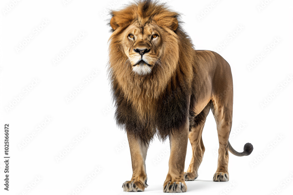 A lion stands in front of a white background A lion stands in front of a white background
