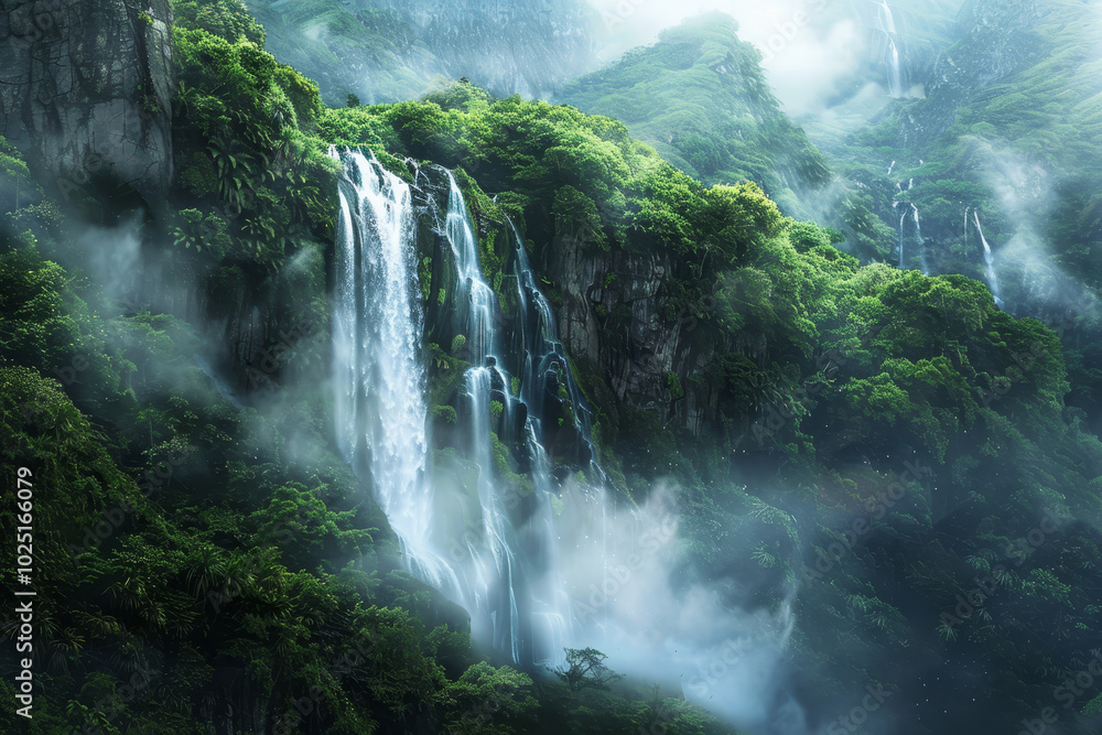 A lush green forest with a waterfall in the background A lush green forest with a waterfall in the background