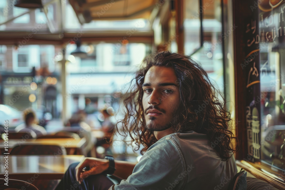A man with long hair is sitting at a table in a restaurant A man with long hair is sitting at a table in a restaurant