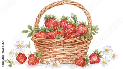 Watercolor painting of strawberries in basket with daisies on side