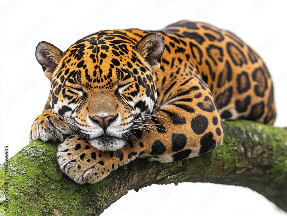 Obraz premium A jaguar resting on a tree branch, isolated on white background