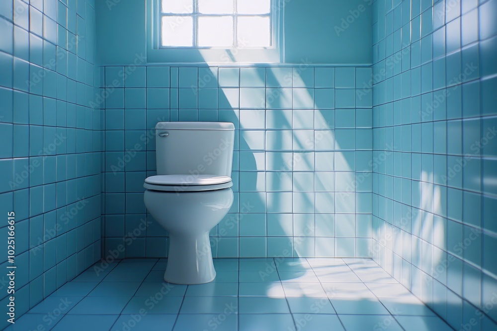 A single white toilet sits on a blue tiled floor in a bathroom, providing a clean and modern look A single white toilet sits on a blue tiled floor in a bathroom, providing a clean and modern look