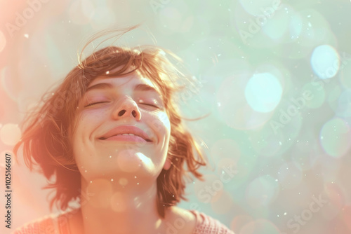 A woman with short hair is smiling and looking up at the sky