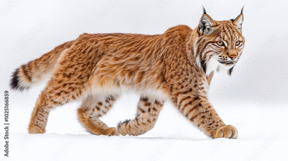 A lynx walking gracefully with its tufted ears visible, isolated on white background A lynx walking gracefully with its tufted ears visible, isolated on white background