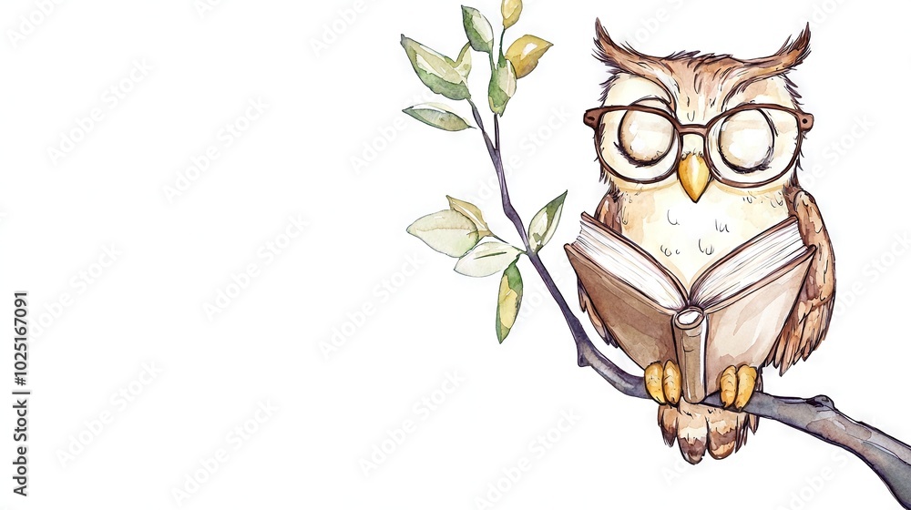 Obraz premium A watercolor illustration depicts an owl wearing glasses and holding a book as it sits on a branch with a twig