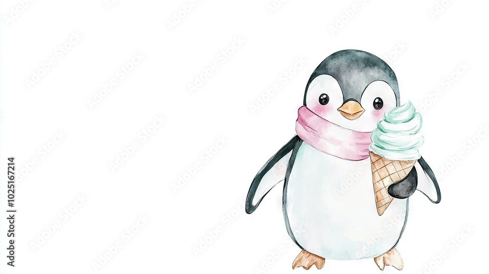 A penguin holding an ice cream cone and wearing a scarf stands against a white backdrop A penguin holding an ice cream cone and wearing a scarf stands against a white backdrop