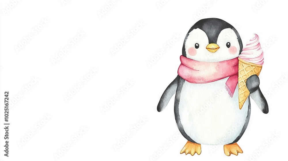 Obraz premium A penguin with an ice cream cone in its beak and a pink scarf around its neck, against a white backdrop