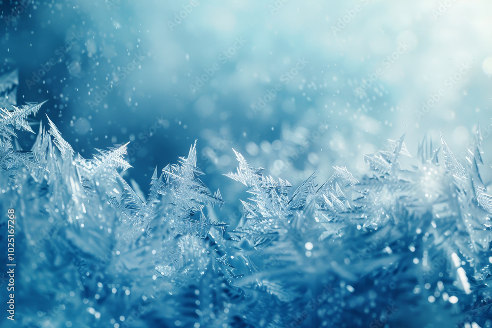 A blue sky with snowflakes falling and a frozen landscape A blue sky with snowflakes falling and a frozen landscape