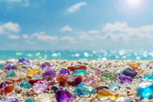 A beach with a large collection of colorful stones scattered across the sand