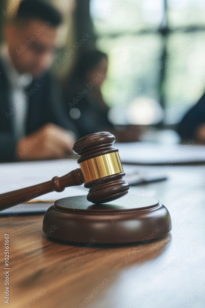 A wooden gavel placed on a wooden table, suitable for use in various settings such as law courts, meetings, and more A wooden gavel placed on a wooden table, suitable for use in various settings such as law courts, meetings, and more
