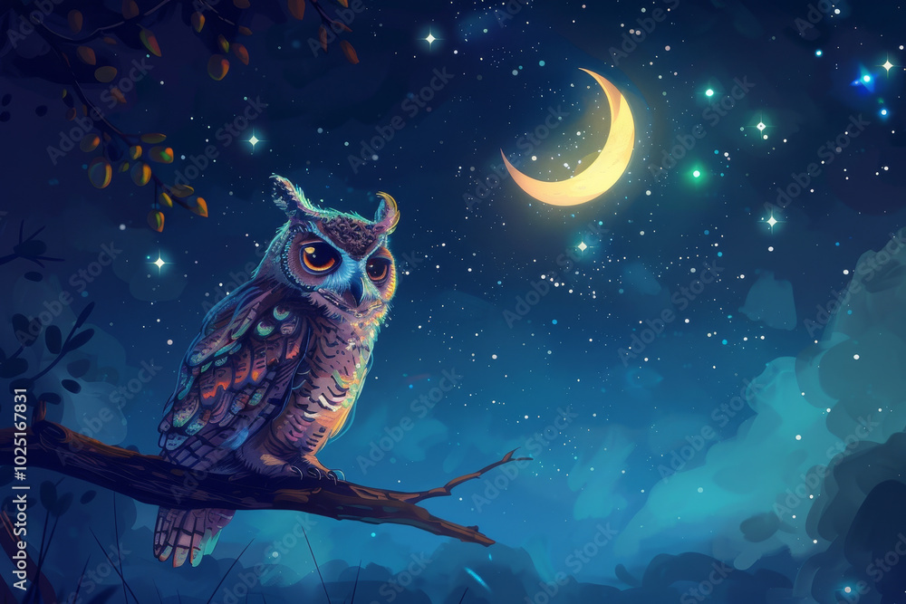 Fototapeta premium A painting of a night owl perched on a branch in front of a crescent moon