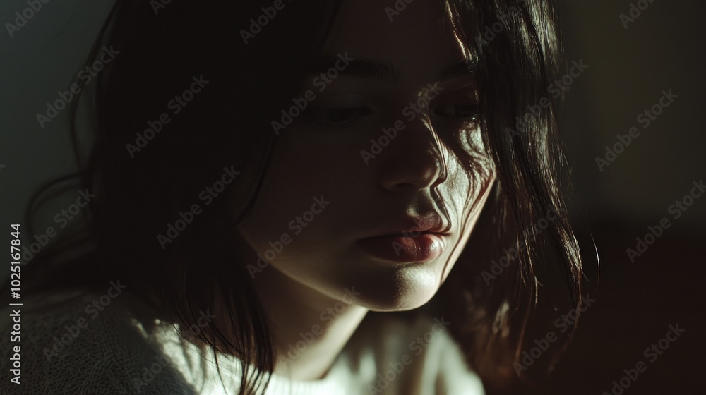 Close-up of a Woman's Face with Sunlit Hair Casts Shadows on Skin Close-up of a Woman's Face with Sunlit Hair Casts Shadows on Skin