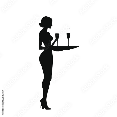 A silhouette of a woman holding a tray with two wine glasses