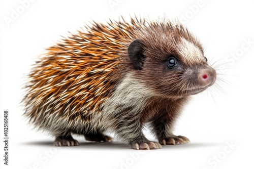 A porcupine waddling slowly with its quills raised, isolated on white background  photo