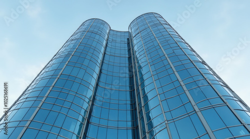 Modern Building with Curved Glass Facade Reflecting Sky – Contemporary Architectural Design, Sleek Glass Exterior, and Minimalist Urban Skyscraper