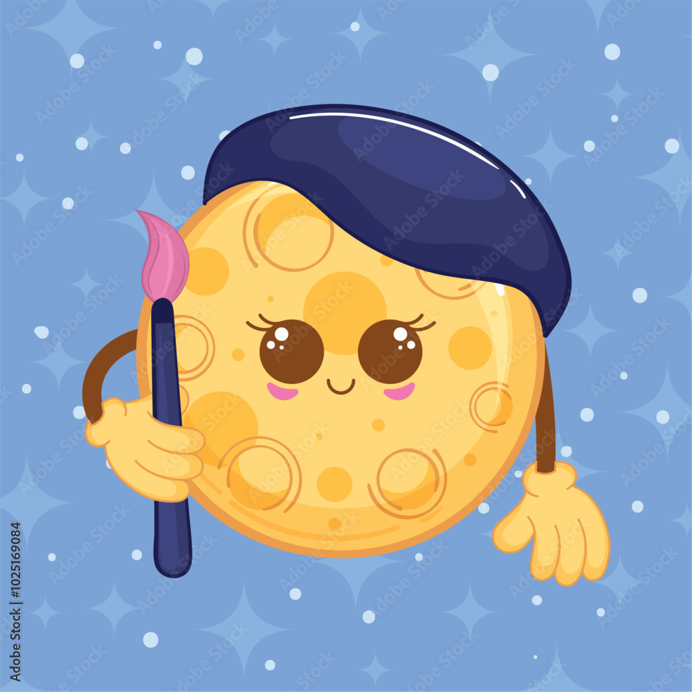 Creative moon character with beret and paintbrush, vector illustration Creative moon character with beret and paintbrush, vector illustration