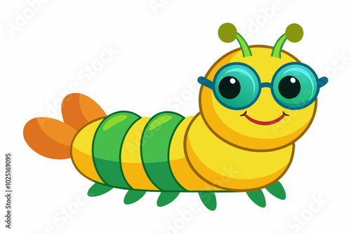 caterpillar cartoon with sunglass logo icon, vector illustration on a white background