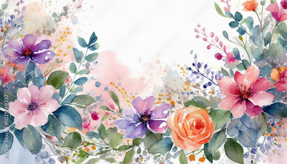 A vibrant arrangement of watercolor flowers in pastel hues framing a blank space, perfect for artistic designs or greeting cards A vibrant arrangement of watercolor flowers in pastel hues framing a blank space, perfect for artistic designs or greeting cards
