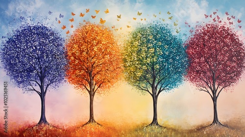 Four Trees with Different Colored Leaves and Butterflies Flying Away photo