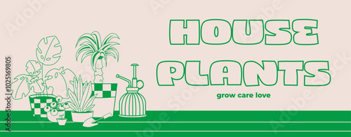 A Illustration of house plants. Indoor potted plants banner. Concept home garden.