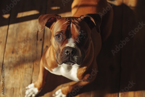 A brown and white dog sitting on a wooden floor, great for pet or animal-themed illustrations photo