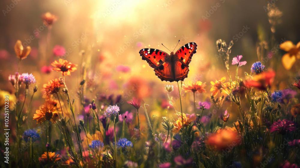 Colorful butterflies fluttering over a vibrant flower field during golden hour in a serene natural setting Colorful butterflies fluttering over a vibrant flower field during golden hour in a serene natural setting