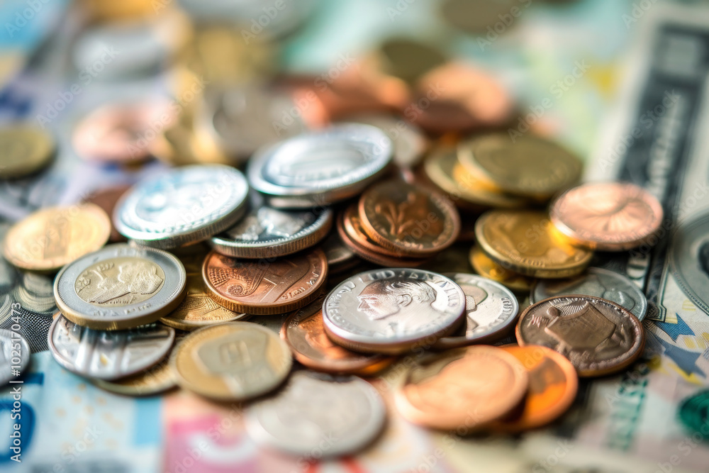 A pile of coins and bills on a table A pile of coins and bills on a table