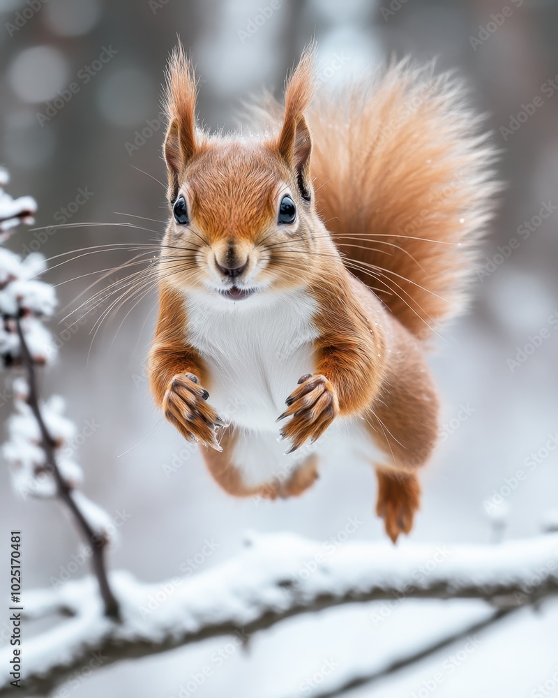 A red squirrel leaping from branch to branch, isolated on white background A red squirrel leaping from branch to branch, isolated on white background